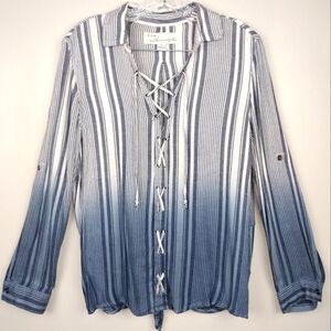 Vintage Havana Dip-Dyed Lace-Up Top in Navy/Blues/White Stripes Sz. M